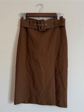Brown Wool Blend Belted Pencil Skirt Women XS Slit French Minimalist Work Staple